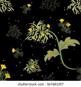 Seamless abstract floral pattern with green leaves and yellow flowers on a black background. Stock fabric, wallpaper, wrapping paper. Vector