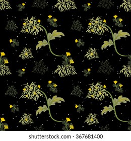 Seamless abstract floral pattern with green leaves and yellow flowers on a black background. Stock fabric, wallpaper, wrapping paper. Vector illustration.