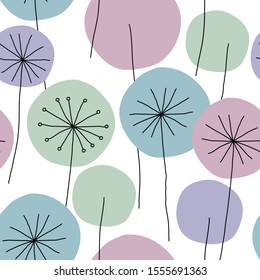 Seamless abstract floral pattern with hand drawn dandelion flowers black outline and pastel colors on white background. Vintage retro style. Vector eps10.