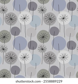 Seamless abstract floral pattern with hand drawn dandelion flower circles in soft winter pastel colors, black outline on grey background. Vintage retro style. For wallpapers, wrapping, print, textile