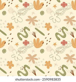 Seamless abstract floral pattern with hand-drawn organic shapes, flowers, leaves and geometric elements in earthy tones. Ideal for textiles, wallpaper, wrapping paper and branding. Boho style.