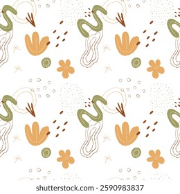 Seamless abstract floral pattern with hand-drawn organic shapes, flowers, leaves and geometric elements in earthy tones. Ideal for textiles, wallpaper, wrapping paper and branding. Boho style.