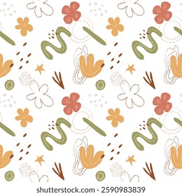 Seamless abstract floral pattern with hand-drawn organic shapes, flowers, leaves and geometric elements in earthy tones. Ideal for textiles, wallpaper, wrapping paper and branding. Boho style.