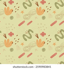 Seamless abstract floral pattern with hand-drawn organic shapes, flowers, leaves and geometric elements in earthy tones. Ideal for textiles, wallpaper, wrapping paper and branding. Boho style.