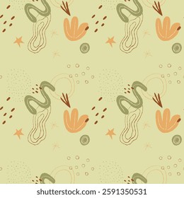 Seamless abstract floral pattern with hand-drawn organic shapes, flowers, leaves and geometric elements in earthy tones. Ideal for textiles, wallpaper, wrapping paper and branding. Boho style.