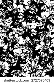 Patrón floral abstracto sin fisuras en blanco y negro de alto contraste con Formas botánicas orgánicas y textura granulada.