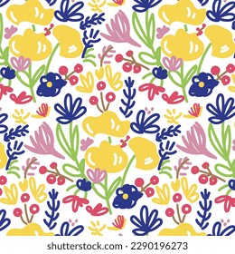 Seamless abstract floral pattern illustration with yellow and pink flowers and colorful blossom and buds. Perfect for summer textile, fashion, fabric, wrapping, kids, tablecloth, etc.