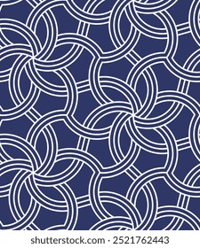 Seamless abstract floral pattern with intertwined white wavy lines on a blue background. Geometric retro style. Vector illustration.