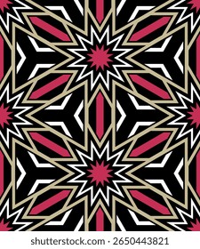 Seamless abstract floral pattern with an intricate design of white and red lines on a black background. Simple and elegant geometric style. vector illustration for decorative projects.
