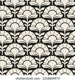 Seamless abstract floral pattern with large white stylized flowers on a black background. Elegant and simple Japanese style design. Vector illustration.