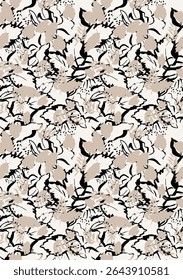 Padrão floral abstrato sem emenda. Design em camadas com linhas caligráficas pretas e silhuetas beges em um fundo creme. Impressão moderna e sofisticada para moda chique e decoração elegante