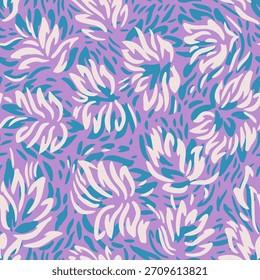 Seamless abstract floral pattern with layered organic petals in soft cream and teal on a vibrant lavender background. Modern botanical design for textiles, stationery and decor