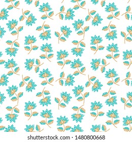 Seamless abstract floral pattern with leaves and geometrical artwork cuts on flowers and with white background