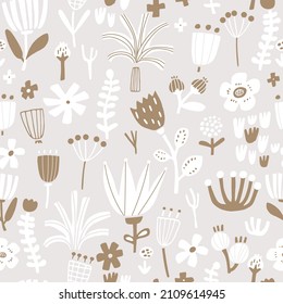 Seamless abstract floral  pattern with leaves, flowers and berries. Pastel background. Perfect for fabric design, wallpaper, apparel. Vector illustration
