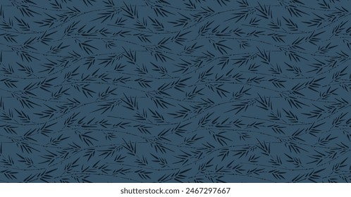 Seamless abstract floral pattern from light grey watercolor painted garden rose branch with leaves silhouette on a dark indigo blue background