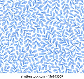 Seamless abstract floral pattern of light blue leaves and branches on a white background