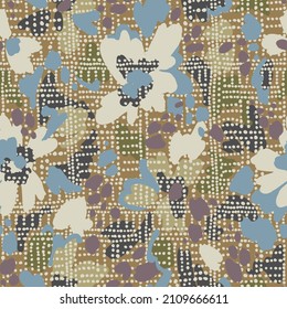 Seamless abstract floral pattern made of brush strokes flower petals overlay on dotted linear texture. Meadow flower buds. High quality illustration. Geometric background on trendy flat style.