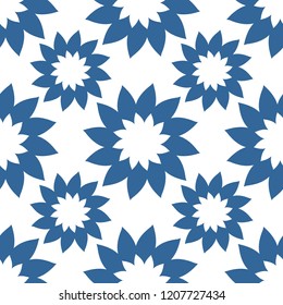 Seamless abstract floral pattern. Modern vector graphic. Blue and white background. Geometric leaf ornament