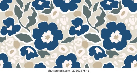 Padrão floral abstrato sem emenda no estilo escandinavo moderno com flores azuis, folhas de sálvia e formas orgânicas bege. Fundo decorativo mínimo para papel de parede, têxteis, tecido, embalagem, decoração de casa e design de superfície.