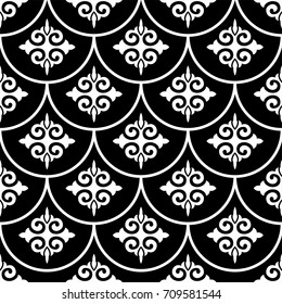 Seamless abstract floral pattern. Modern vector graphic. Black and white background. Geometric ornament
