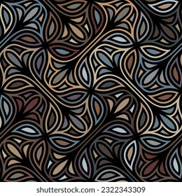 Seamless abstract floral pattern with multicolored geometric leaves on a black background. Retro style foliage. Graphic textile texture. Decorative vector image.