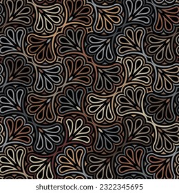 Seamless abstract floral pattern with multicolored geometric leaves on a black background. Grey and brown foliage. Graphic textile texture. Art deco traditional palmette. Vector illustration.