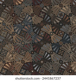 Seamless abstract floral pattern with multicolored geometric elements on a black background. Graphic textile texture. Art deco style. Vector illustration.