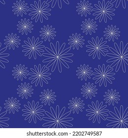 Seamless abstract floral pattern. Navy blue, white. Vector illustration. Botanical texture. Chaotic flowers ornament. Design for textile fabrics, wrapping paper, background, wallpaper, cover.