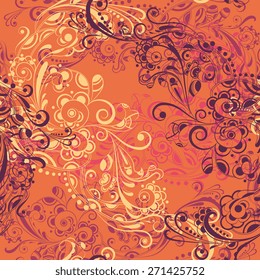 Seamless abstract floral pattern on an orange background