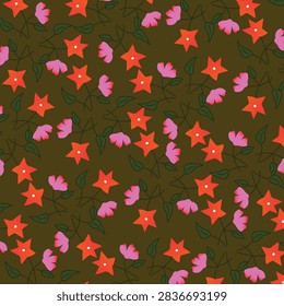 Seamless Abstract Floral Pattern On Dark greenBackground With Red Star And Pink Flowers And Green Leaves