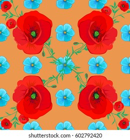Seamless abstract floral pattern on a brown background. Graphic modern pattern. Cute vector background. Geometric leaf ornament. Seamless pattern with poppy flowers.