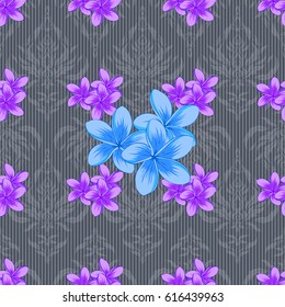 Seamless abstract floral pattern on a gray background. Graphic modern pattern. Cute vector background. Geometric leaf ornament. Seamless pattern with plumeria flowers.