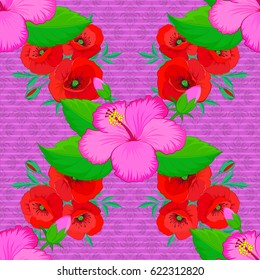 Seamless abstract floral pattern on a violet background. Cute vector background. Seamless pattern with hibiscus flowers. Geometric leaf ornament. Graphic modern pattern.