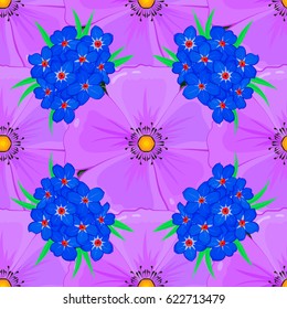 Seamless abstract floral pattern on a green background. Cute vector background. Seamless pattern with forget-me-not flowers. Geometric leaf ornament. Graphic modern pattern.
