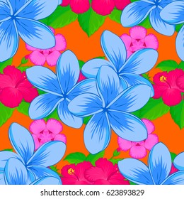 Seamless abstract floral pattern on a orange background. Seamless pattern with plumeria flowers. Geometric leaf ornament. Cute vector background. Graphic modern pattern.