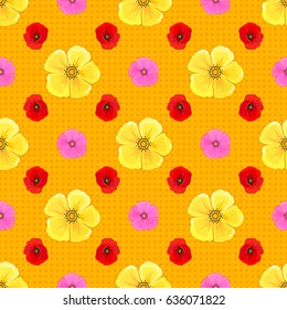 Seamless abstract floral pattern on a yellow background. Cute vector background. Seamless pattern with cosmos flowers. Geometric leaf ornament. Graphic modern pattern.