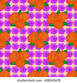 Seamless abstract floral pattern on a beige background. Cute vector background. Seamless pattern with rose flowers and green leaves. Geometric leaf ornament. Graphic modern pattern.