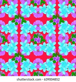 Seamless abstract floral pattern on a red background. Geometric leaf ornament. Cute vector background. Seamless pattern with plumeria flowers. Graphic modern pattern.