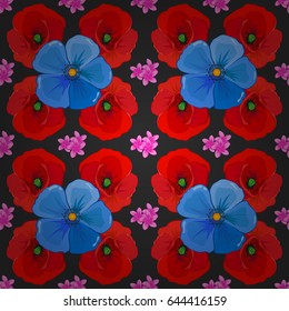 Seamless abstract floral pattern on a gray background. Graphic modern pattern. Geometric leaf ornament. Seamless pattern with poppy flowers. Cute vector background.