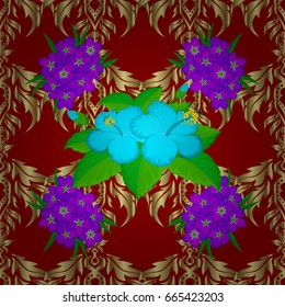 Seamless abstract floral pattern on a red background. Cute vector background. Graphic modern pattern. Seamless pattern with hibiscus flowers. Geometric leaf ornament.