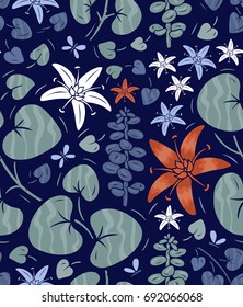 Seamless abstract floral pattern on dark blue. Stylized flowers and leaves of succulent plants. Hand drawn vector illustration