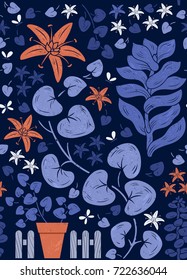 Seamless abstract floral pattern on dark blue. Stylized flowers and leaves of succulent plants. Hand drawn vector illustration