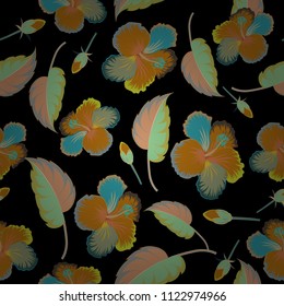 Seamless abstract floral pattern in orange, green and black colors. Seamless pattern with hibiscus flowers. Cute vector background. Graphic modern pattern. Geometric leaf ornament.