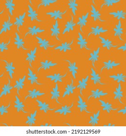 Seamless abstract floral pattern. Orange, blue. Vector illustration. Botanical texture. Chaotic leaves ornament. Design for textile fabrics, wrapping paper, background, wallpaper, cover.