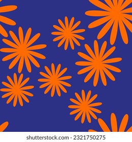 Seamless abstract floral pattern. Orange, dark blue. Vector illustration. Botanical texture. Chaotic flowers ornament. Design for textile fabrics, wrapping paper, background, wallpaper, cover.