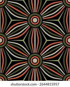 Seamless abstract floral pattern with orange, green, and beige striped geometric flowers on a black background. Decorative vector illustration for textile, wallpaper, wrapping, and printing.