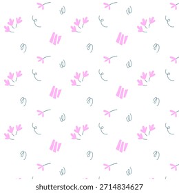 Seamless abstract floral pattern with pink flowers and hand drawn decorative elements on white background. Perfect for wrapping paper, textile, stationery, wallpaper, branding, packaging and modern surface design