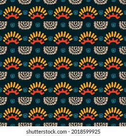 Patrón floral abstracto sin inconvenientes con puntos. Fondo vectorial. Ornamento tribal. Amarillo étnico, verde oscuro, vector rosa para los textiles, papel pintado, decoración del hogar, ropa de cama, alfombra, cortinas y almohadas
