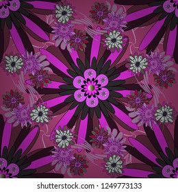 Seamless abstract floral pattern. Purple, magenta and beige background. Stylish graphic design. Geometric flower vector ornament.