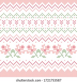 Seamless abstract, floral pattern. Purple, pink and green colors. Cross stitch pattern for clothing, trendy textile, fabric, background. Elements of folk embroidery, vector ornament